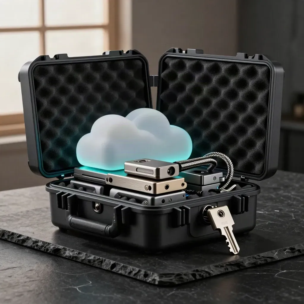 Otevřený tmavý kufřík s cloud kostkou, zámkem a moduly na černém kameni v dramatickém světle.