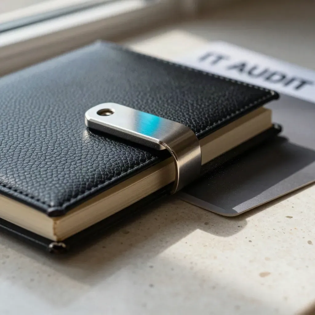 Detail auditu IT: notebook, token a binder na travertinu v dramatickém světle.