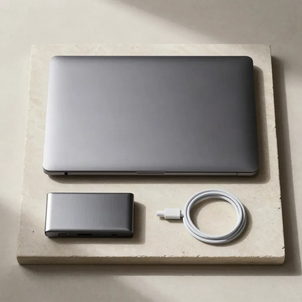 Shora laděný flatlay zavřeného notebooku, záložního disku a bílého kabelu na světlém kameni.